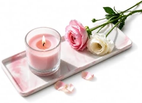 10″ x 3.5″ Ceramic Bathroom Vanity Tray, Rectangular Decorative Countertop Tray for Bathroom Kitchen, Ceramic Organizer Tray for Perfume, Candle, Jewelry, Cosmetics, Soap Dispenser, Marble Pink