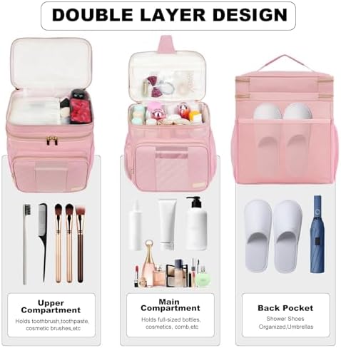 Portable Shower Caddy College Dorm Essentials, Large Toiletry Bag for Women Men, 2 Layers Quickly Dry Mesh Bathroom Tote Bag, Hanging Makeup Organizer Bag for Travel, Gym, Camping (Pink)