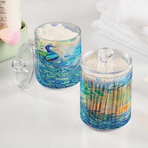 MNSRUU 2 Pack Qtip Holder Organizer Dispenser Peacock Bathroom Storage Canister Cotton Ball Holder Bathroom Containers for Cotton Swabs/Pads/Floss