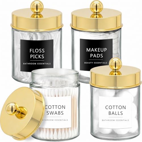 Amolliar Glass Apothecary Jars Qtip Holder w/Plastic Lids, Gold 4pc