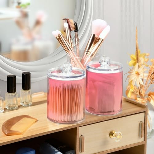 Gredecor 4 Pack Gradient Pink Qtip Holder Organizer Dispenser Clear Bathroom Storage Canister Cotton Ball Holder Bathroom Containers for Cotton Swabs/Pads/Floss