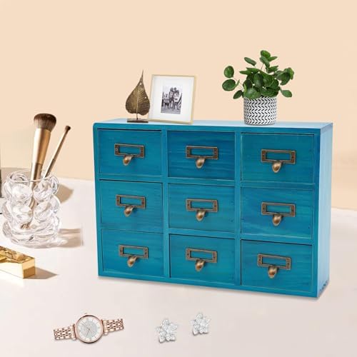 Apothecary Cabinet with 9 Drawers Card Catalog Cabinet, Library Card Catalog Drawer with Metal Handles & Label Slot Wooden Desk Drawer Organizer for Herb Storage, Tea Collection (Blue)