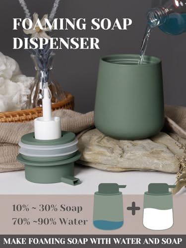 INGOFIN 3 Pcs Ceramic Bathroom Accessory Set - Foam Soap Dispenser, Toothbrush Holder & Tray, Bathroom Counter Set, Countertop Essentials for Home, Guest Bathroom, or Office Use, Matte Green