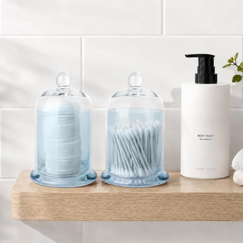 rejomiik Qtip Holder Glass Apothecary Jars with Lids Bathroom Storage Blue