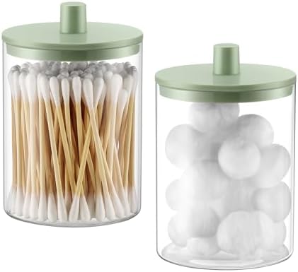 TIPGO Glass Qtip Holder Dispenser for Bathroom - 10 oz Clear Canister Apothecary Jar for Cotton Swabs, Balls, Pads, Floss Picks, Small Containers for Makeup Storage Organizer (2 Pack, Green)