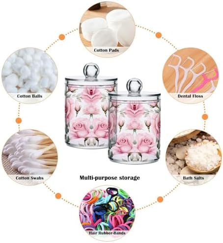 MNSRUU 4 Pack Qtip Holder Organizer Dispenser Pink Roses Pink Bathroom Storage Canister Cotton Ball Holder Bathroom Containers for Cotton Swabs/Pads/Floss