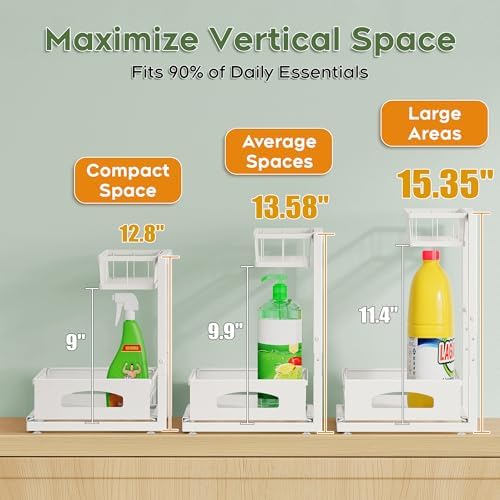 Under Sink Organizer, 2-Pack L-Shaped Metal Pull-Out Drawers for Kitchen