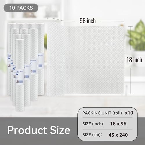 FIFTY FEET 18"x96" Non-Adhesive Shelf Liner for Kitchen Cabinets and Drawers, Washable Non-Slip PVC Cabinet Liner (White Circle)(10 Roll)