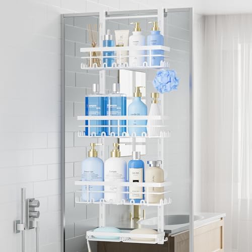SWTYMIKI Over The Door Shower Caddy - 4 Tier Rustproof Hanging Shower Organizer with Adjustable Shelves, 40 Hooks & Soap Holder, Hanging Shower Rack Storage for Bathroom Accessories, White