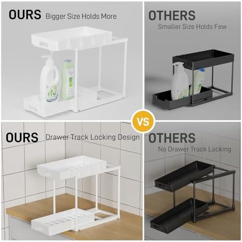 Delamu Under Sink Organizers and Storage, 2 Pack Pull Out Kitchen Bathroom Cabinet Organizer, 2 Tier White Under Sink Storage for Bathroom Kitchen, Under Counter Storage Organizer with 8 Hooks