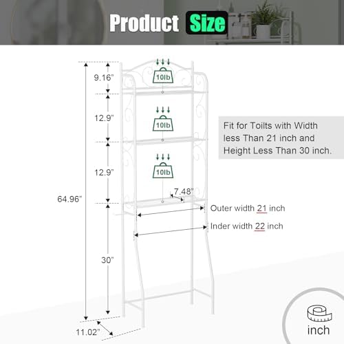 HOME BI Over The Toilet Storage Shelf, 3-Tier Over Toilet Bathroom Organizer Rack, Freestanding Space Saver Toilet Stands with Hooks (White)
