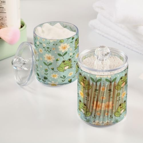 Cute Kawaii Frogs Qtip Holder 2 Pack - 10 Oz Clear Plastic Apothecary Jar Set for Bathroom Organization - Versatile Canister Storage for Cotton Balls, Swabs, Rounds