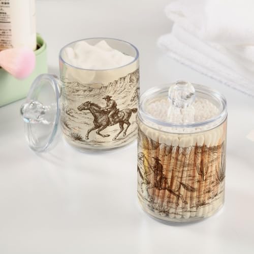 Blueangle 4PCS American West Cowboy Qtip Holder Dispenser with Lids - Apothecary Jar Containers for Vanity Organizer Storage - Plastic Food Storage Canisters