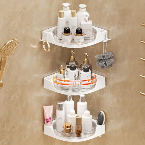 akinbas Corner Shower 3 Tier Caddy Lazy Susan Organizer 360 Rotating Corner Shelf Wall Mounted with No Drilling Shelves for Bathroom Dorm and Kitchen (White)