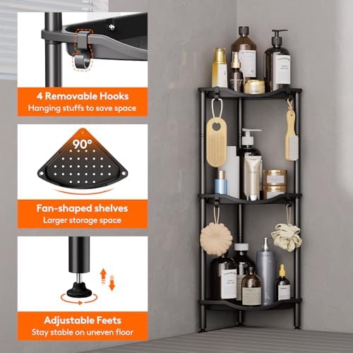 Lifewit 3 Tier Corner Shower Caddy with Hooks, Bathroom Organizer, Black