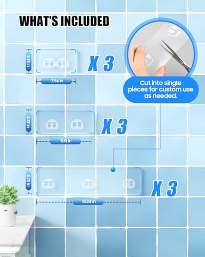 9 Pack Shower Caddy Adhesive Replacement, Strong Waterproof Transparent Adhesive Strips, No Drilling Shower Shelf Adhesive Hooks for Bathroom Shelves, Corner Basket, Soap Holder & Kitchen Racks