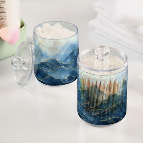 MNSRUU 2 Pack Qtip Holder Organizer Dispenser Blue Watercolor Marble Bathroom Storage Canister Cotton Ball Holder Bathroom Containers for Cotton Swabs/Pads/Floss