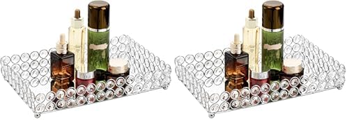 Hedume Crystal Cosmetic Mirrored Makeup Tray, 12.3" x 8", Large Jewelry Organizer, Ornate Decorative Vanity Tray for Dresser, Countertop, Wedding, Home, Bathroom (Pack of 2)