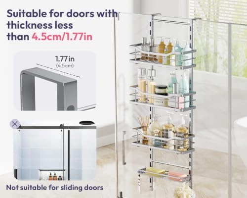 SWTYMIKI Over the Door Shower Caddy - 4 Tier Adjustable Shower Organizer Hanging with Soap Holder, No Drilling Stainless Steel Bathroom Rack Hanging for Body Wash, Shampoo, Soap, Razor, Silver