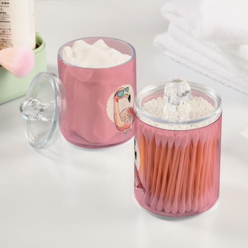 Fustylead 4 Pack Pink Flamingo Wearing Sunglasses Qtip Holder Dispensers, Bathroom Storage Canister Plastic Apothecary Jar Set for Cotton Swabs, Ball, Pads, Floss