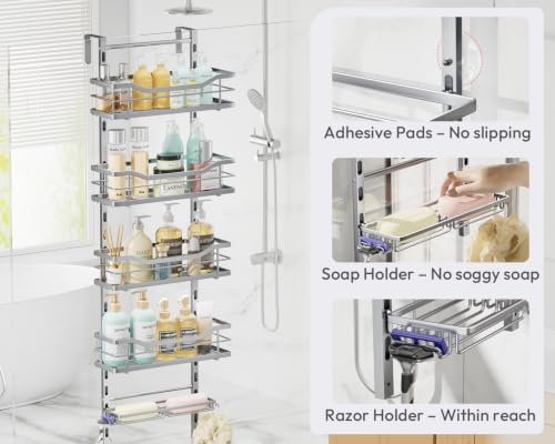 SWTYMIKI Over the Door Shower Caddy - 5 Tier Adjustable Shower Organizer Hanging with Soap Holder, No Drilling Stainless Steel Bathroom Rack Hanging for Body Wash, Shampoo, Soap, Razor, Silver