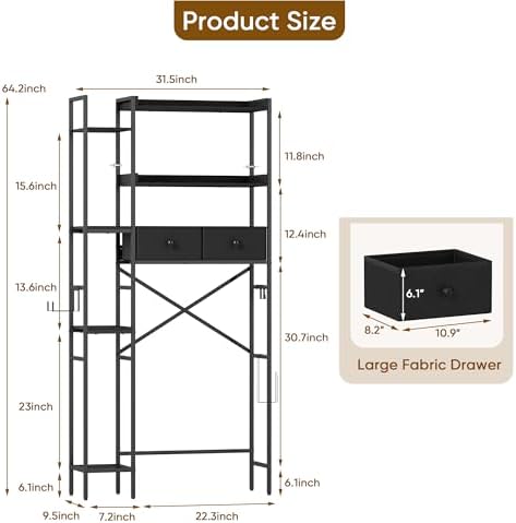 Over The Toilet Storage with 2 Drawers - 7 Tier Bathroom Organizer with Adjustable Shelf, Freestanding Space Saver Storage Rack Above Toilet Stand with Hooks for Small Restroom, Laundry(Black)