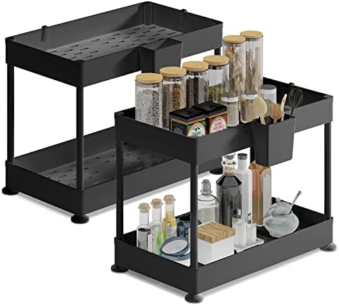 Under Sink Organizers and Storage | Bathroom Cabinet Organizer, Sink Shelf with Utility Hooks and Side Caddy for Under Cabinet Storage | Black (2-Pack) Non Slip Grip Under Kitchen Sink Organizer