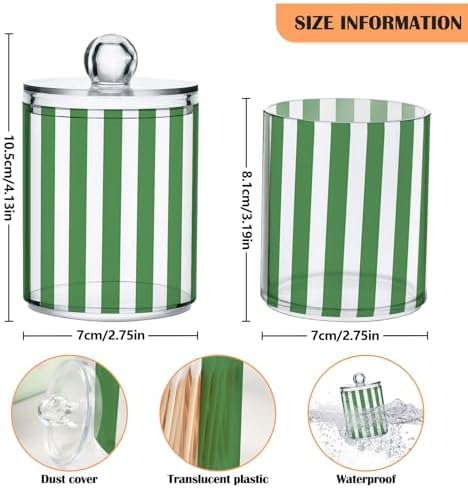 ALAZA Green White Striped 2 Pack Qtip Holder Dispenser for Cotton Swabs, Balls, Pads, Floss 10 oz Plastic Canister Organizer
