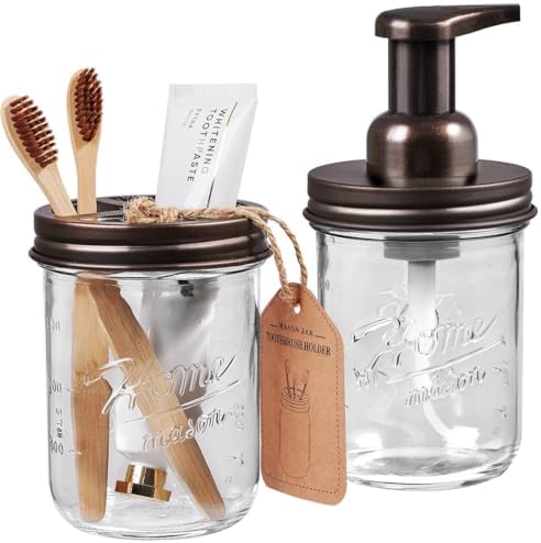 SheeChung Mason Jar Foaming Soap Dispenser and Toothbrush Holder Set,Bronze