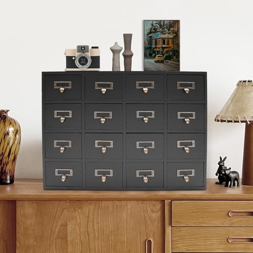 Apothecary Cabinet with 16 Drawers Card Catalog Cabinet, Library Card Catalog Drawer with Metal Handles & Label Slot Wooden Desk Drawer Organizer for Herb Storage, Tea Collection (Black)