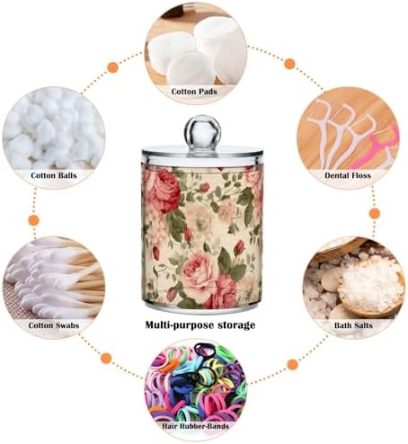 4 Pack Vintage Roses and Leaves Beige Qtip Dispenser 10 Oz Clear Plastic Apothecary Jars Bathroom Containers for Cotton Ball, Cotton Swab, Cotton Round Pads, Floss