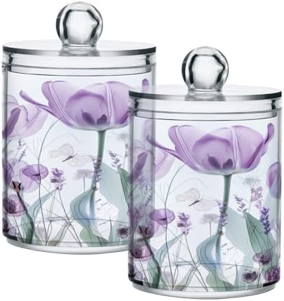 senya Clear Plastic Jars Cotton Swabs Cans, Purple Tulips Flowers Pastel Bathroom Canisters Storage Organizer with Lids 2PCs Set for Cotton Ball, Cotton Swab, flossers, Hair Bands