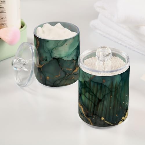 MNSRUU 2 Pack Qtip Holder Organizer Dispenser Turquoise Green Marble Bathroom Storage Canister Cotton Ball Holder Bathroom Containers for Cotton Swabs/Pads/Floss