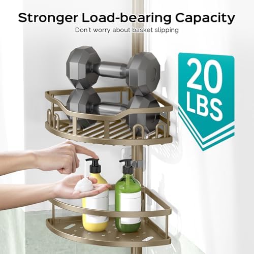HAMITOR Shower Caddy Corner Tension Pole Adjustable No-Drill Bathroom Shelf