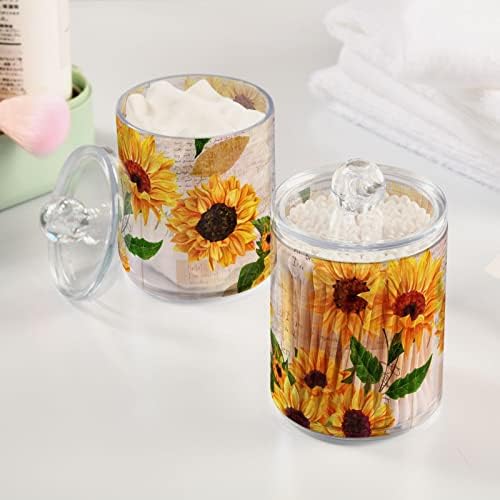 4 Pack Sunflower Qtip Holder Dispenser with Lid, 14 oz Clear Plastic Apothecary Jar Set for Bathroom Vanity Organizers Storage Containers