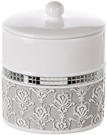 Creative Scents Mirror Damask Gray & White Cotton Swab/Qtip Holder with Lid
