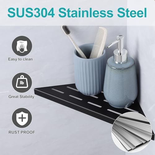 10" Corner Shower Shelf, 1-Pack Bathroom Shelves for Tile Walls, SUS304 Stainless Steel Recessed Shower Shelf, Grout in Corner Organizer Shelves, Matte Black