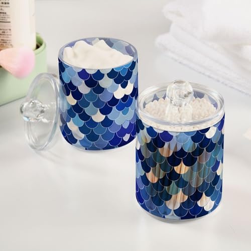 MNSRUU 2 Pack Qtip Holder Organizer Dispenser Blue Fish Scales Bathroom Storage Canister Cotton Ball Holder Bathroom Containers for Cotton Swabs/Pads/Floss