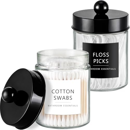 Amolliar Glass Apothecary Jars Qtip Holder w/Plastic Lids,Black 2pc