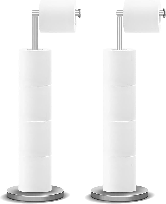RRM Toilet Paper Holder Stand, Bathroom Free Standing Toilet Paper Holders with Reserve Storage 3-4 Toilet Paper Rolls, 22-inch Stainless Steel Toilet Paper Holder Stand (Brushed) (Pack of 2)