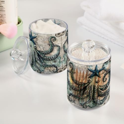 MNSRUU 2 Pack Qtip Holder Organizer Dispenser Ocean Sea Animal Octopus Bathroom Storage Canister Cotton Ball Holder Bathroom Containers for Cotton Swabs/Pads/Floss