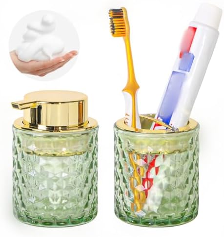 Bathroom Accessories Set 2pcs Glass Foaming Soap Dispenser and Toothbrush Holder for Bathroom Countertop, Green Glass Bathroom Assessory Set with Gold Decor