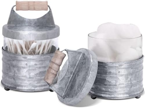 Autumn Alley Galvanized Bathroom Apothecary Jars Set, Farmhouse Bathroom Jars Qtip Holder Glass Dispenser- Rustic Vanity Organizer with Lids for Cotton Balls, Swabs, Rounds, Bath Salts 2-Glass Jars