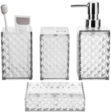 Bathroom Accessory Set, Grid Pattern 4 Pcs Plastic Bathroom Set, White