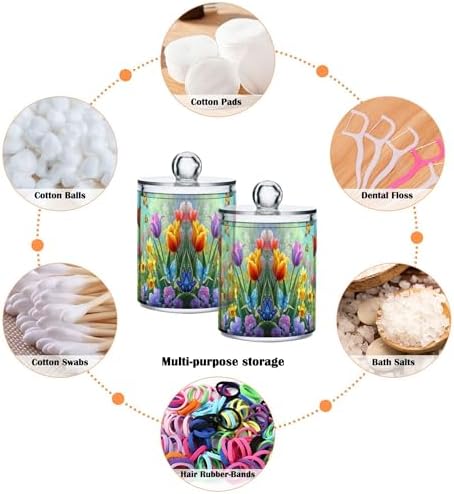 MNSRUU 4 Pack Qtip Holder Organizer Dispenser Easter Garden Tulips Daffodils Bathroom Storage Canister Cotton Ball Holder Bathroom Containers for Cotton Swabs/Pads/Floss