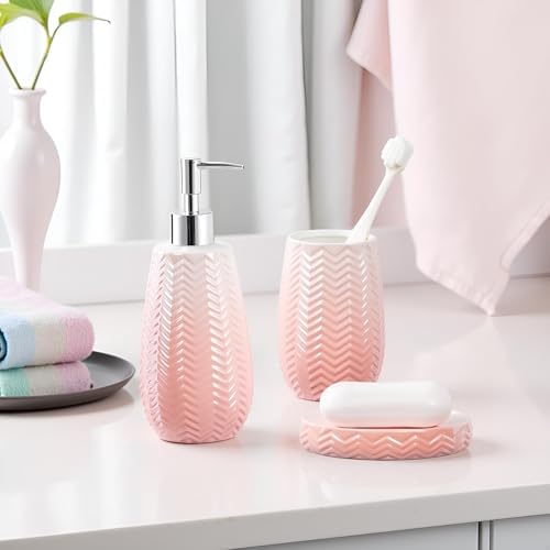 Bathroom Accessories Set, 3 Pcs Pink Ceramic Bathroom Accessories Sets Complete/Lotion Soap Dispenser, Toothbrush Holder, Soap Dish, Bathroom Decor, Gift for Home Apartment