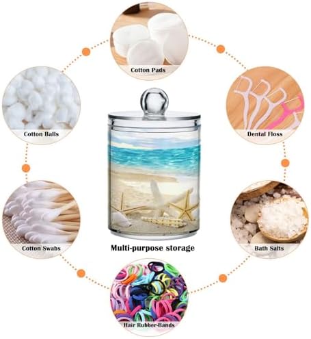 2 Pack Sea Beach Starfish Qtip Holder Dispenser with Lid, 14 oz Clear Plastic Apothecary Jar Set for Bathroom Vanity Organizers Storage Containers