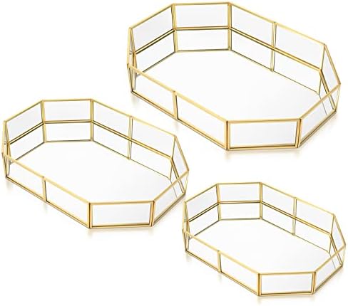 Jetec 3 Pieces Mirror Glass Vanity Tray Gold Ornate Makeup Tray Metal Vintage Octagonal Perfume Dresser Trays for Bedroom Home Decor Dresser Hotel, 3 Sizes