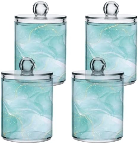 2 Pack Qtip Holder Dispenser Turquoise Marble Bathroom Storage Canister Lid 10 oz Acrylic Plastic Apothecary Jar Set Vanity Makeup Organizer for Cotton Swab/Ball/Round Pads, Floss