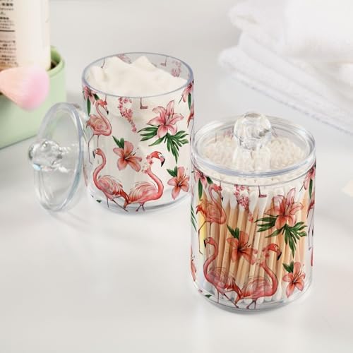 MNSRUU 4 Pack Qtip Holder Organizer Dispenser Pink Watercolor Flamingos Bathroom Containers Bathroom Vanity Storage Canister Apothecary Jars for Cotton Swabs/Pads/Floss